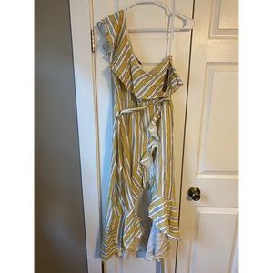 Lulus One Shoulder High Low Yellow Striped Dress XL NWT